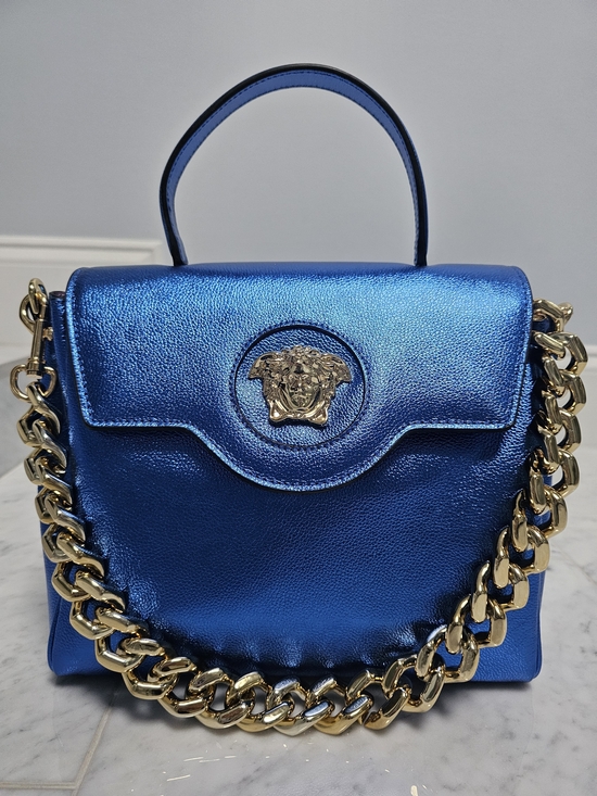 fashion bag Handbags - Metallic Blue Top-Handle Satchel with Gold Chain Accent
